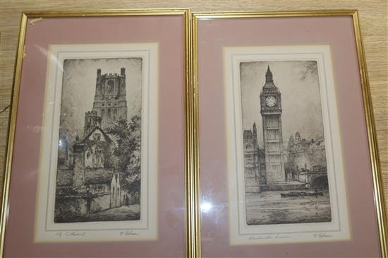 F. Robson, a set of four etchings, Westminster, Bow, Ely and St Brides Church, signed in pencil, 25 x 13cm